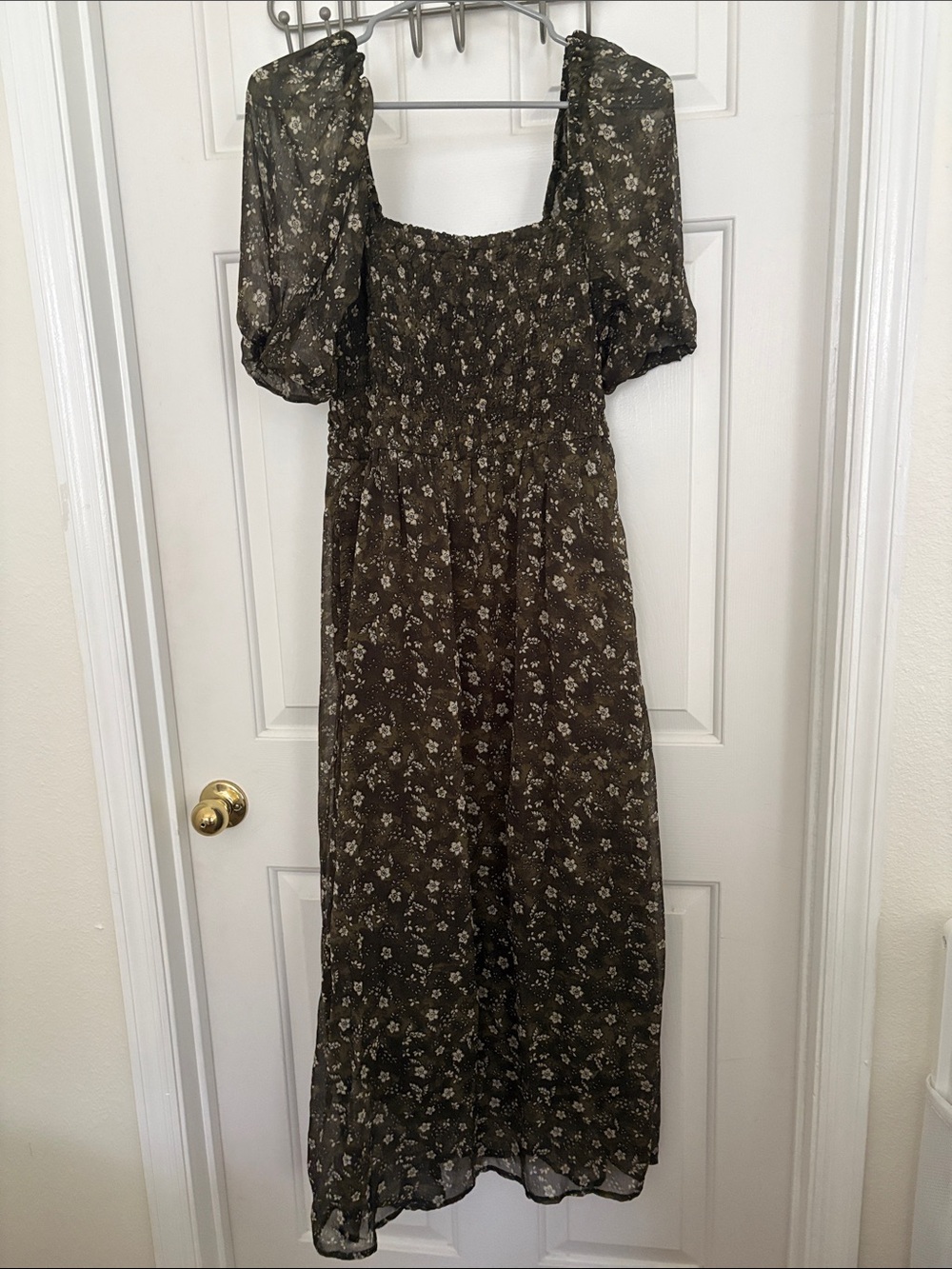 Smocked Square-Neck Maxi Dress in Olive Floral